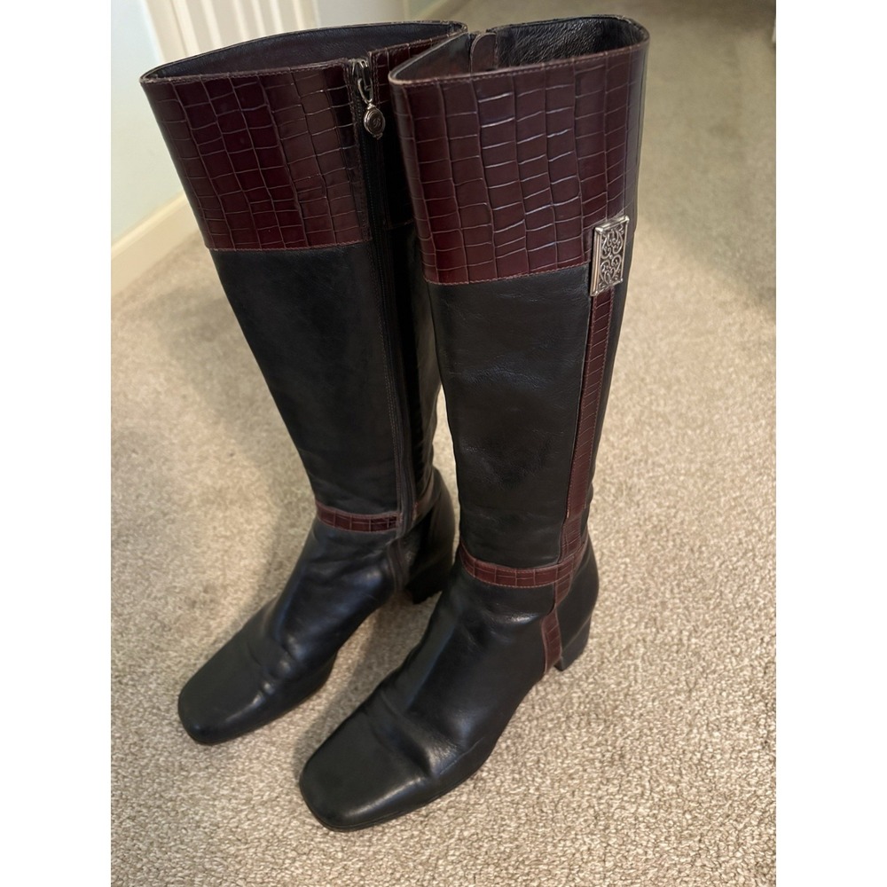 Brighton Gwen Black Red Leather Italy Boots Tall Designer Square Toe‎ Zip 7.5 M